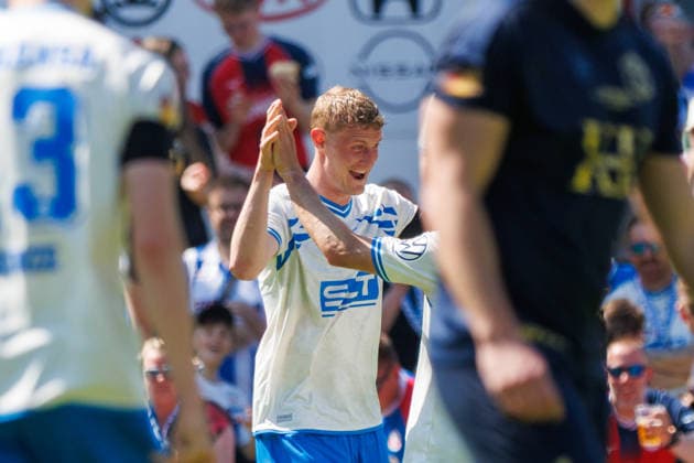 Torschütze Emil Frost Holten (Rostock) zum 2:0 bejubelt jubelt und freud sich über sein Tor ; GER, FC Hansa Rostock vs. SV Pastow, Fußball, Männer, Lübzer Pils Landespokal, Finale, Spielzeit 2025 2026, 23.05.2026 Greifswald Volksstadion Mecklenburg - Vorpommern Deutschland