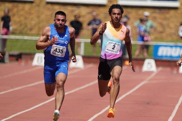 Leichtathletik, athletics, BuS Kurpfalz Gala , 23.05.2026 , Sepp Herberger Stadion Weinheim, 100m Männer, Deniz Almaz, TV wattenscheid 01. Joshua Hartmann ASV Köln,
