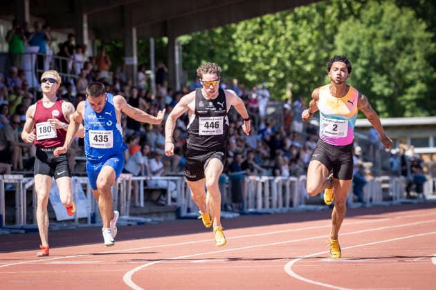 WEINHEIM, GERMANY - MAY 23 Joshua Hartmann (GER ASV Köln e. V.) wins the final over 100m, Kevin Kranz (GER Sprintteam Wetzlar) takes the second place during the B&S Kurpfalz Gala am 23.05.2026 at the Sepp-Herberger-Stadium in Weinheim (Baden-Wuerttemberg Germany). Baden-Wuerttemberg Germany Copyright: xLeahxKohringx