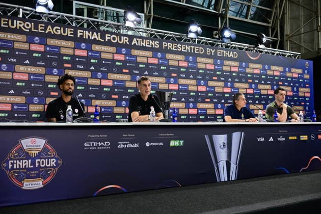 Pressconference Olympiacos v Real Madrid Final Euroleague Georgios Bartzokas and Tyler Dorsey of Olympiacos, and Mario Hezonja of Real Madrid and Sergio Scariolo of Real Madrid speak during the press conference, PK, Pressekonferenz prior to the Euroleague Final Four game between Olympiacos and Real Madrid in Athens, Greece, on May 23, 2026 Athens Greece Basketball Copyright: xAgenciaxLOFx
