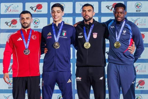 Siegerehrung Männer Kumite 84+; von links: Ugur Aktas (TUR), Matteo Avanzini (ITA), Andjelo Kvesic (CRO), mHendrick Confiac (FRA), 23.05.2026, Frankfurt am Main (Deutschland), 61. Karate-Europameisterschaften 2026 Frankfurt Main