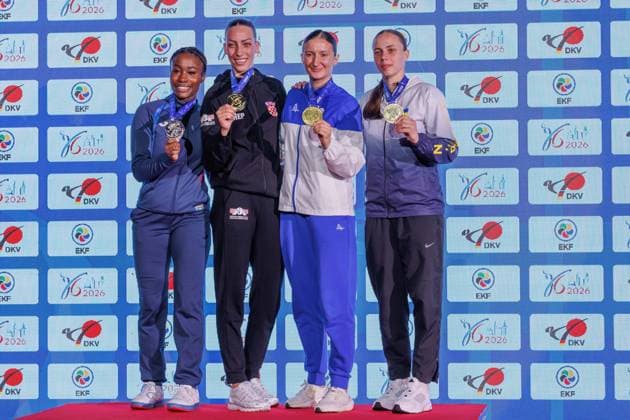 Siegerehrung Frauen Kumite -68; von links: Thalya Sombe (FRA), Sadea Becirovic (CRO), Iryna Zaretska (AZE), Elina Sieliemienieva (UKR), 23.05.2026, Frankfurt am Main (Deutschland), 61. Karate-Europameisterschaften 2026 Frankfurt Main