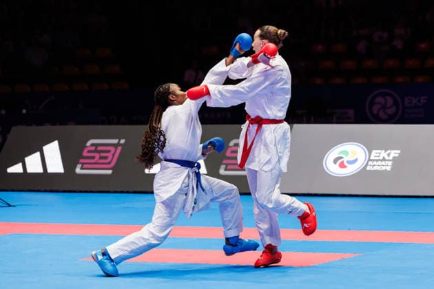 Sadea Becirovic (CRO, rot) gegen Thalya Sombe (FRA, blau) im Finale Frauen -68, 23.05.2026, Frankfurt am Main (Deutschland), 61. Karate-Europameisterschaften 2026 Frankfurt Main