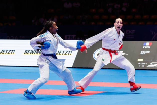 Sadea Becirovic (CRO, rot) gegen Thalya Sombe (FRA, blau) im Finale Frauen -68, 23.05.2026, Frankfurt am Main (Deutschland), 61. Karate-Europameisterschaften 2026 Frankfurt Main