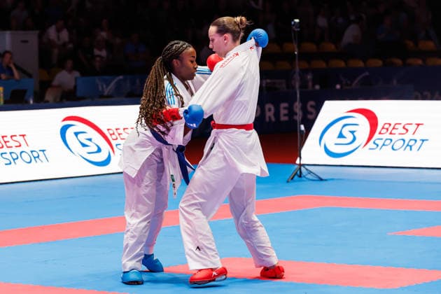 Sadea Becirovic (CRO, rot) gegen Thalya Sombe (FRA, blau) im Finale Frauen -68, 23.05.2026, Frankfurt am Main (Deutschland), 61. Karate-Europameisterschaften 2026 Frankfurt Main