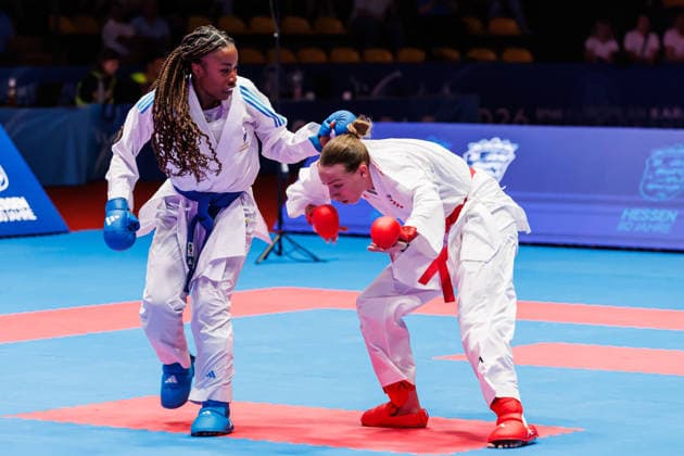 Sadea Becirovic (CRO, rot) gegen Thalya Sombe (FRA, blau) im Finale Frauen -68, 23.05.2026, Frankfurt am Main (Deutschland), 61. Karate-Europameisterschaften 2026 Frankfurt Main