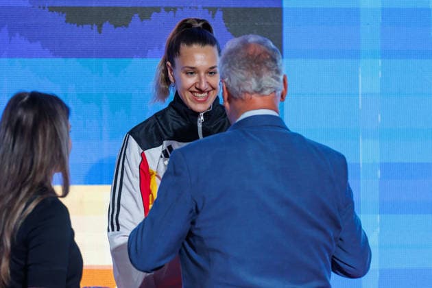 Siegerehrung Frauen Kumite 68+; Johanna Kneer (GER); Drittplatzierte, Bronzemedaille, 23.05.2026, Frankfurt am Main (Deutschland), 61. Karate-Europameisterschaften 2026 Frankfurt Main