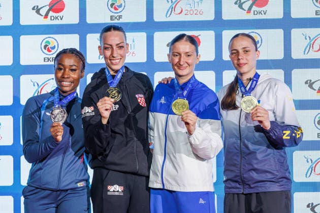 Siegerehrung Frauen Kumite -68; von links: Thalya Sombe (FRA), Sadea Becirovic (CRO), Iryna Zaretska (AZE), Elina Sieliemienieva (UKR), 23.05.2026, Frankfurt am Main (Deutschland), 61. Karate-Europameisterschaften 2026 Frankfurt Main
