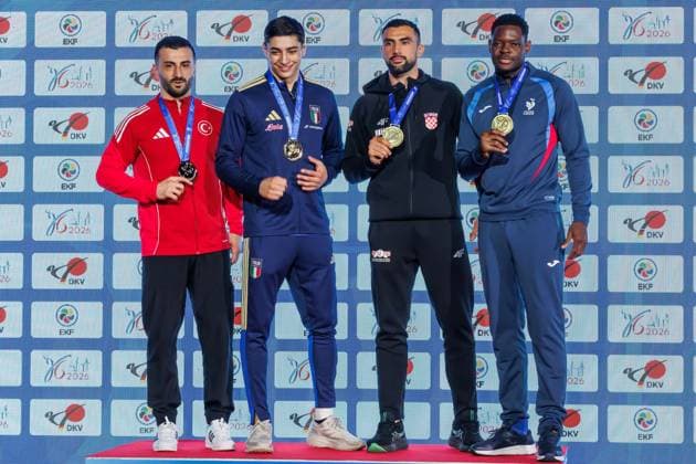 Siegerehrung Männer Kumite 84+; von links: Ugur Aktas (TUR), Matteo Avanzini (ITA), Andjelo Kvesic (CRO), mHendrick Confiac (FRA), 23.05.2026, Frankfurt am Main (Deutschland), 61. Karate-Europameisterschaften 2026 Frankfurt Main