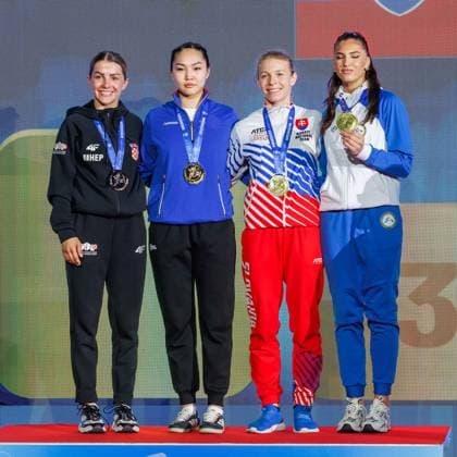 Siegerehrung Frauen Kumite -61; von links: Mia Greta Zorko (CRO), Altana Basangova (RUS), Ingrida Bakos Suchankova (SVK), Emina Sipovic (BIH), 23.05.2026, Frankfurt am Main (Deutschland), 61. Karate-Europameisterschaften 2026 Frankfurt Main