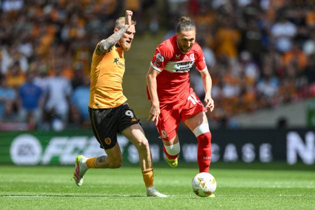 Hull City v Middlesbrough Sky Bet Championship Oliver McBurnie of Hull City challenges Luke Ayling of Middlesbrough during the Sky Bet Championship Play-Off Final between Hull City and Middlesbrough at Wembley Stadium, London. 23 05 2026 UK Newspapers OUT Copyright: xFocusxImagesx FIL-23464-0332