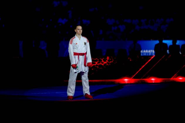 Deutschland: EKF Karate Europameisterschaft Seniors 2026 - Eissporthalle, Frankfurt: Bitsch Mia (GER, Rot) im Kampf um die Bronzemedaille in der Kategorie Female Kumite -55kg gegen Terliuga Anzhelika (UKR, Blau) Frankfurt am Main Eissporthalle Frankfurt Hessen Deutschland Copyright: xKjetilxWaberx