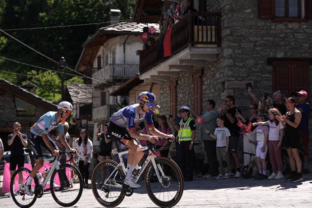 Czech Republic™s Jan Hirt of NSN Cycling Team and Russia™s Aleksandr Vlasov of Red Bull - Bora - Hansgrohe during Stage 14 of the Giro d™Italia, from Aosta to Pila, Italy, Saturday, May 23, 2026.  Copyright: xMarcoxAlpozzi LaPressex