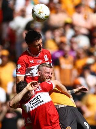 Dael Fry of Middlesbrough heads past Oliver McBurnie of Hull City Hull City v Middlesbrough, EFL Sky Bet Championship, Play-Off Final, Football, Wembley Stadium, London, UK - 23 May 2026London Wembley Stadium United Kingdom EDITORIAL USE ONLY No use with unauthorised audio, video, data, fixture lists, club league logos or live services. Online in-match use limited to 120 images, no video emulation. No use in betting, games or single club league player publications. Copyright: xJamesxMarsh Shutterstockx 16887365hu
