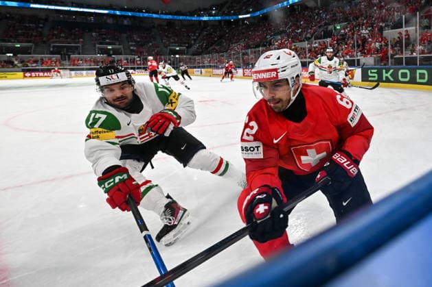 ZURICH, SWITZERLAND - MAY 23: Denis Malgin of Switzerland and Roland Kiss of Hungary in a battle along the boards during the 2026 IIHF Ice hockey, Eishockey World Championship, WM, Weltmeisterschaft Switzerland game between Switzerland and Hungary at Swiss Life Arena on May 23, 2026 in Zurich, Zurich. Zurich Swiss Life Arena Zurich Switzerland Copyright: xJustPictures.ch AndreaxBrancax jp-en-EuSpIm-JP7_ANB_Sui_Hung_23052026_1047