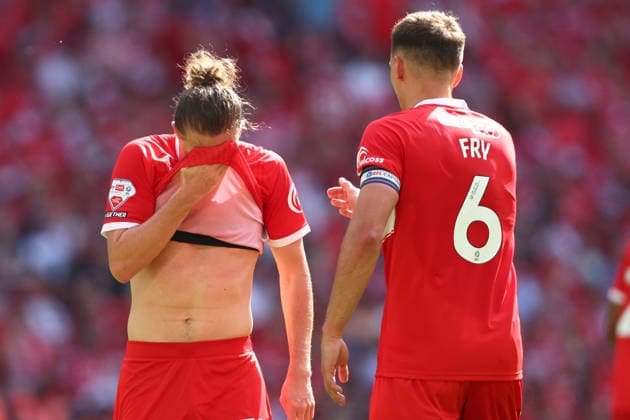 London, England, 23rd May 2026. Luke Ayling of Middlesbrough and Dael Fry of Middlesbrough look dejected during the Hull City vs Middlesbrough Sky Bet Championship play of final match at Wembley Stadium, London. Picture credit should read: Paul Terry Sportimage EDITORIAL USE ONLY. No use with unauthorised audio, video, data, fixture lists, club league logos or live services. Online in-match use limited to 120 images, no video emulation. No use in betting, games or single club league player publications. SPI_021_PT_Hull_Boro SPI-4815-0021