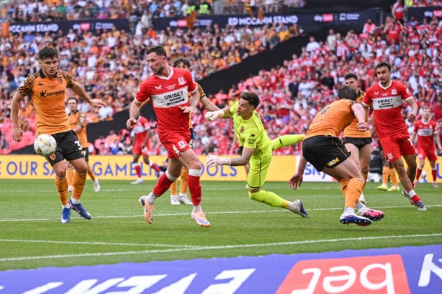 Hull City v Middlesbrough Sky Bet Championship Hull City goalkeeper Ivor Pandur makes a save during the Sky Bet Championship Play-Off Final between Hull City and Middlesbrough at Wembley Stadium, London. 23 05 2026 UK Newspapers OUT Copyright: xFocusxImagesx FIL-23464-0397