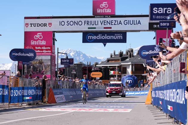 Denmark™s Jonas Vingegaard Hansen of Team Visma Lease A Bike stage winner Stage 14 of the Giro d™Italia, from Aosta to Pila, Italy, Saturday, May 23, 2026.  Copyright: xGianxMattiaxD™Alberto LaPressex