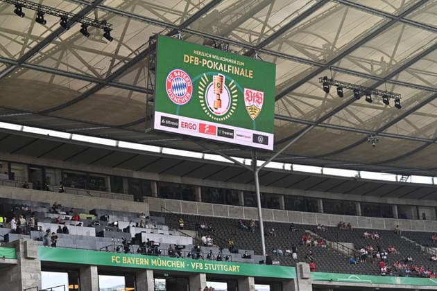 23.05.2026, xsltx, Fussball DFB Pokal Finale, FC Bayern München - VfB Stuttgart v.l. Anzeigetafel Innenraum, Rasen, Tribuenen, Tribuene, Spielfeld (DFL DFB REGULATIONS PROHIBIT ANY USE OF PHOTOGRAPHS as IMAGE SEQUENCES and or QUASI-VIDEO) Berlin