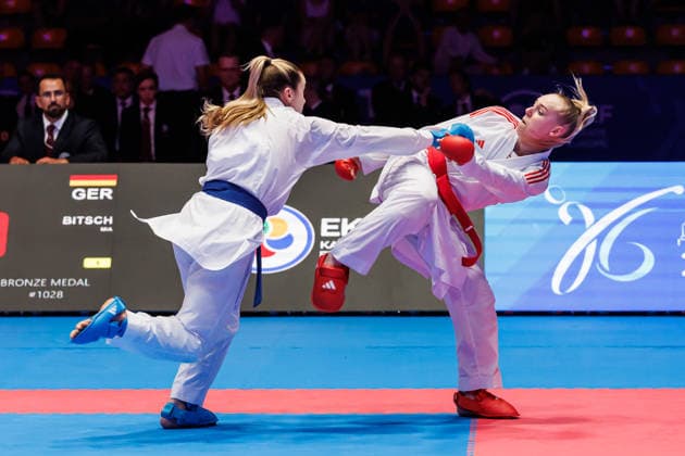 Mia Bitsch (GER, rot) gegen Anzhelika Terliuga (UKR, blau) im Bronze-Match Frauen Kumite -55, 23.05.2026, Frankfurt am Main (Deutschland), 61. Karate-Europameisterschaften 2026 Frankfurt Main