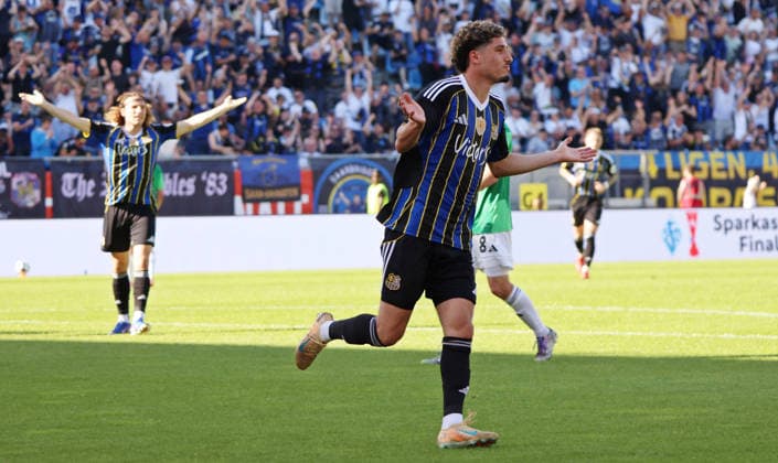 23.05.2026, Fussball, Herren, Sparkassen-Pokal Saarland Finale, Saison 2025 2026, 1. FC Saarbrücken - FC 08 Homburg, Amine Naifi (1. FC Saarbruecken) bejubelt sein Tor zum 2:1 Saarbrücken Ludwigsparkstadion Saarland Deutschland (DEU) Copyright: xFabianxKleerx
