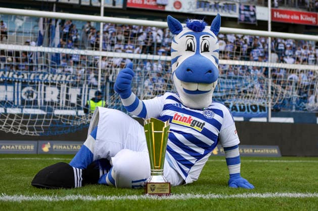 23.05.2026, GER, Fussball, Herren, Niederrheinpokal Finale, Saison 2025 2026, SC St. Tönis - MSV Duisburg das Maskotchen Ennatz zeigt den Niederrheinpokal Duisburg schauinsland-reisen-Arena Nordrhein-Westfalen Deutschland Copyright: xAdrianxSchlüterx