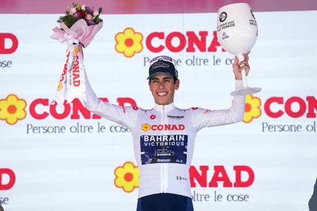 The white jersey Afonso Eulalio (Bahrain Victorious) celebrate on the podium after the Stage 14 of the Giro d™Italia, from Aosta to Pila, Italy, Saturday, May 23, 2026.  Copyright: xGianxMattiaxD™Alberto LaPressex