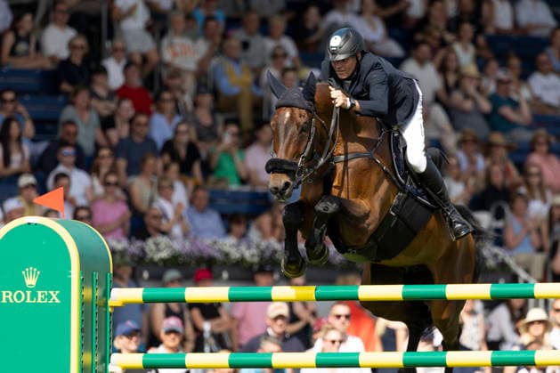 Andre THIEME (GER) auf Paule S beim Ziel-Sprung, Aktion, im Stechen, Springen S5: 2nd Qualifier Rolex Grand Prix, Springpruefung mit einem Umlaeuf und Stechen, CSI5*, Rolex Grand Slam, am 23.05.2026, Weltfest des Pferdesport, TSCHIO Aachen 2026 vom 22. - 24.05.2026 in Aachen Deutschland; Â