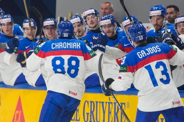 FRIBOURG, SWITZERLAND - MAY 23: Martin Chromiak of Slovakia L) celebrates his goal during the 2026 IIHF Ice hockey, Eishockey World Championship, WM, Weltmeisterschaft Switzerland game between Slovakia and Czechia at BCF Arena on May 23, 2026 in Fribourg, Fribourg. Fribourg BCF Arena Fribourg Switzerland Copyright: xJustPictures.ch JarixPestelaccix jp-en-EuSpIm-JP6_JAR_Slovakia_Cyechia_23May2026_00112