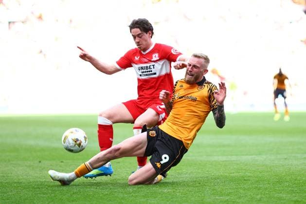 Hayden Hackney of Middlesbrough and Oliver McBurnie of Hull City Hull City v Middlesbrough, EFL Sky Bet Championship, Play-Off Final, Football, Wembley Stadium, London, UK - 23 May 2026London Wembley Stadium United Kingdom EDITORIAL USE ONLY No use with unauthorised audio, video, data, fixture lists, club league logos or live services. Online in-match use limited to 120 images, no video emulation. No use in betting, games or single club league player publications. Copyright: xJamesxMarsh Shutterstockx 16887365iv