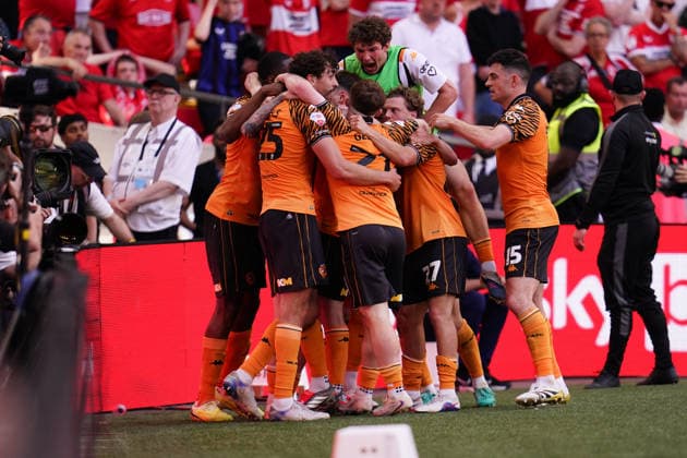 Sky Bet Championship Playoffs Final Hull City v Middlesbrough Hull city celebrate goal to make it 1-0 during the Sky Bet Championship Playoffs Final match Hull City vs Middlesbrough at Wembley Stadium, London, United Kingdom on 23 May 2026 (Photo by Harvey Murphy News Images) Copyright: xHarveyxMurphy NewsxImagesx