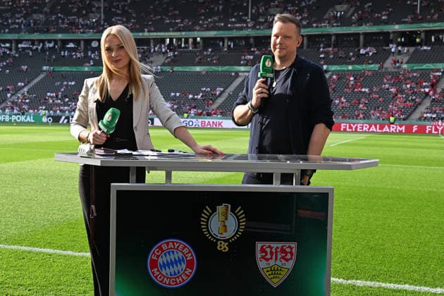 23.05.2026, xsltx, Fussball DFB Pokal Finale, FC Bayern München - VfB Stuttgart v.l. Britta Hofmann und Wolff-Christoph Fuss (SKY) (DFL DFB REGULATIONS PROHIBIT ANY USE OF PHOTOGRAPHS as IMAGE SEQUENCES and or QUASI-VIDEO) Berlin