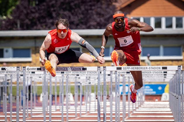 WEINHEIM, GERMANY - MAY 23 Stefan Volzer (GER TSV Bayer o4 Leverkusen) and Roger V. Iribarne (CUB Kuba) in the 100m hurdles final during the B&S Kurpfalz Gala am 23.05.2026 at the Sepp-Herberger-Stadium in Weinheim (Baden-Wuerttemberg Germany). Baden-Wuerttemberg Germany Copyright: xLeahxKohringx