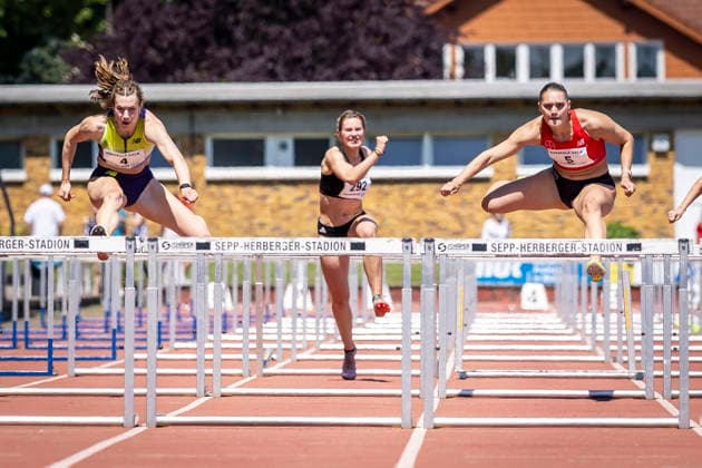 WEINHEIM, GERMANY - MAY 23 Battle between Marlene Meier (GER TSV Bayer o4 Leverkusen) and Franziska Schuster (GER TSV Bayer o4 Leverkusen) in the 100m hurdles final during the B&S Kurpfalz Gala am 23.05.2026 at the Sepp-Herberger-Stadium in Weinheim (Baden-Wuerttemberg Germany). Baden-Wuerttemberg Germany Copyright: xLeahxKohringx