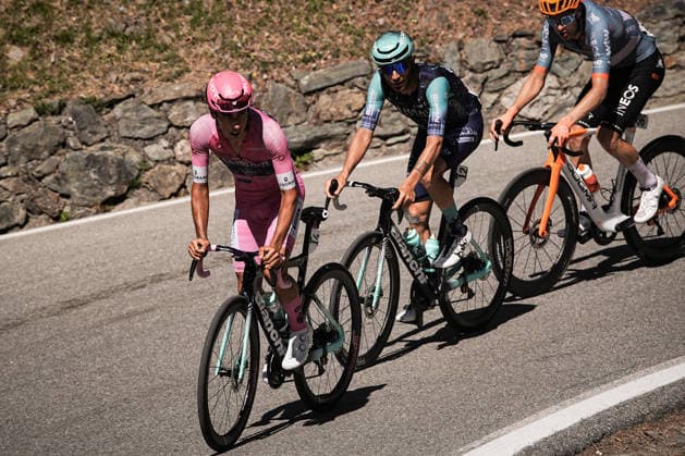 Portugal’s Afonso Oliveira Eulálio of Bahrain Victorious and Italy’s Damiano Caruso of Bahrain Victorious during Stage 14 of the Giro d’Italia, from Aosta to Pila, Italy, Saturday, May 23, 2026.  Copyright: xMarcoxAlpozzi LaPressex