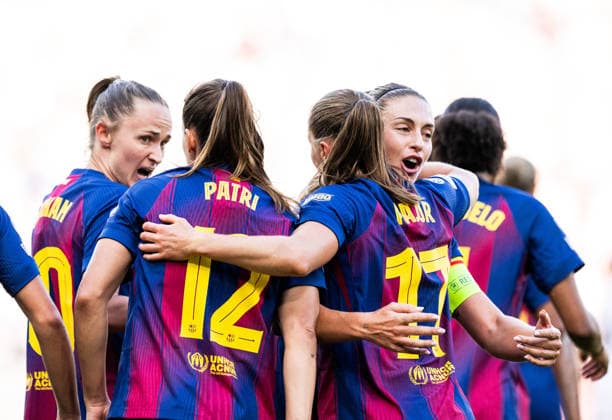 260523 Ewa Pajor of Barcelona celebrates with Caroline Graham Hansen, Patri Guijarro and Alexia Putellas after scoring 1-0 during the UEFA Women s Champions League final football match between Barcelona and Lyon on May 23, 2026 in Oslo. Photo: Vegard Grott BILDBYRAN kod VG VG0925 bbeng football fotball fotboll soccer champions league finale final final 2026 mesterligaen dam fcb barcelona lyon ol lyonnes jubel Copyright: VEGARDxGRoTT BB260523VG045