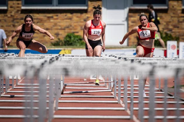 WEINHEIM, GERMANY - MAY 23 Caroline Klein (GER TSV Bayer o4 Leverkusen) has a problem with one of the first hurdles during the B&S Kurpfalz Gala am 23.05.2026 at the Sepp-Herberger-Stadium in Weinheim (Baden-Wuerttemberg Germany). Baden-Wuerttemberg Germany Copyright: xAxelxKohringx