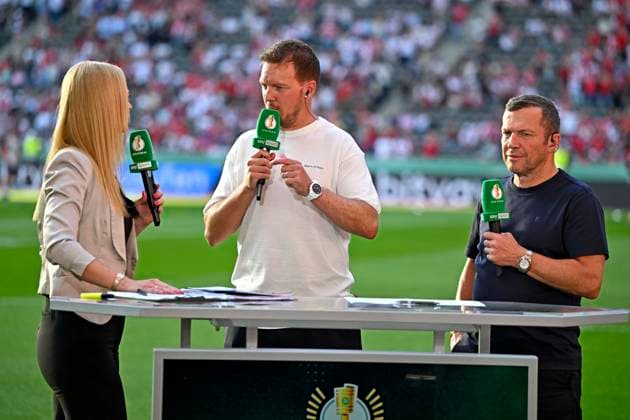 23.05.2026, Fussball DFB-Pokal 2025 2026, Finale, FC Bayern München - VfB Stuttgart, im Olympiastadion Berlin. v.l. Britta Hoffmann (Deutschland), Trainer Julian Nagelsmann (Deutschland) und TV Experte Lothar Matthäus (Deutschland).