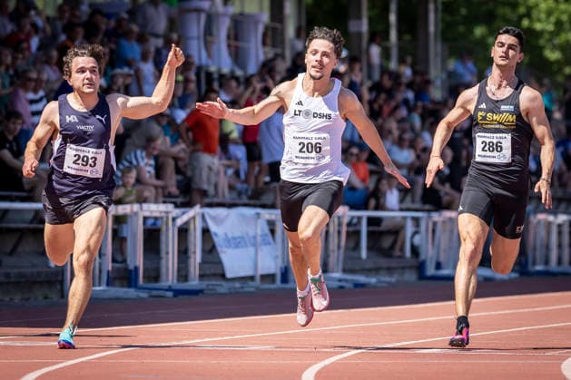 WEINHEIM, GERMANY - MAY 23 Fabian Olbert (GER Munich Athletics), Emilio Gonzalez (GER LT DSHS Köln), Daniel Schwab (GER LG Stadtwerke München) during the B&S Kurpfalz Gala am 23.05.2026 at the Sepp-Herberger-Stadium in Weinheim (Baden-Wuerttemberg Germany). Baden-Wuerttemberg Germany Copyright: xLeahxKohringx