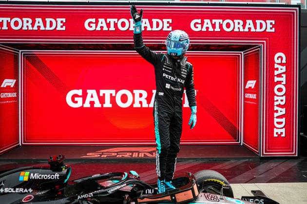 Sport Bilder des Tages F1 - CANADIAN GRAND PRIX 2026 RUSSELL George (gbr), Mercedes AMG F1 Team W17, portrait, celebrating his sprint win during the Formula 1 Grand Prix du Canada 2026, 5th round of the 2026 Formula One World Championship, WM, Weltmeisterschaft from May 22 to 24, 2026 on the Circuit Gilles Villeneuve, in MontrÃ al, Canada - MontrÃ alCanada  Copyright: xDPPIx