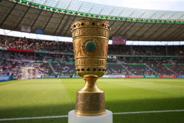 The DFB-Pokal can be seen during the DFB Cup Final 2026 match between FC Bayern München and VfB Stuttgart at Olympiastadion on May 23, 2026 in Berlin, Germany. (Photo by Oliver Kaelke DeFodi Images) -