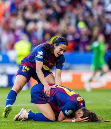 260523 Aitana Bonmati and Ewa Pajor of Barcelona celebrates after 4-0 from Salma Paralluelo (not pictured) during the UEFA Women s Champions League final football match between Barcelona and Lyon on May 23, 2026 in Oslo. Photo: Vegard Grott BILDBYRAN kod VG VG0925 bbeng football fotball fotboll soccer champions league finale final final 2026 mesterligaen dam fcb barcelona lyon ol lyonnes jubel Copyright: VEGARDxGRoTT BB260523VG056