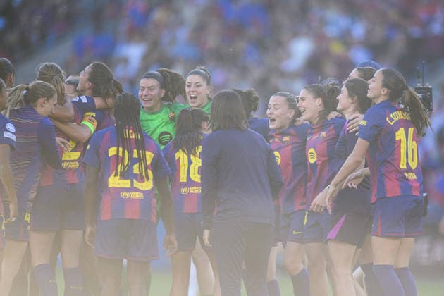 260523 Players of Barcelona celebrate after the UEFA Women s Champions League final football match between Barcelona and Lyon on May 23, 2026 in Oslo. Photo: Jon Olav Nesvold BILDBYRAN COP 217 VG0925 bbeng football fotball fotboll soccer champions league finale final final 2026 mesterligaen dam fcb barcelona lyon ol lyonnes jubel Copyright: JONxOLAVxNESVOLD BB260523JE047