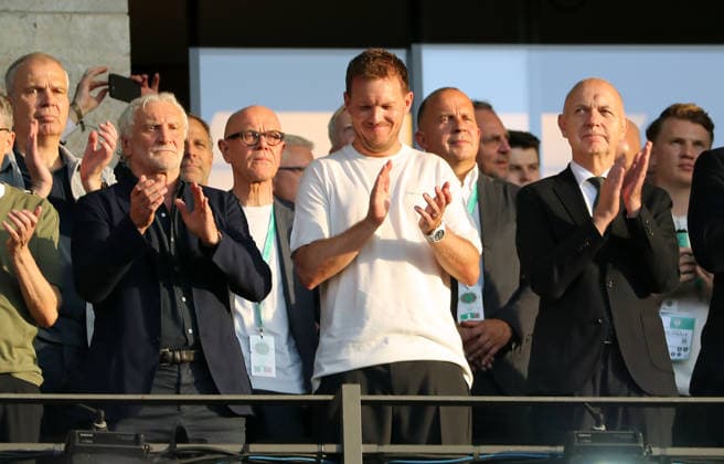 Rudi Völler, Bundestrainer Julian Nagelsmann, Bernd Neuendorf auf der Tribüne Fußball Fussball Finale DFB Pokal 2026 Saison 2025 2026 23.05.2026 FC Bayern München FCB vs VfB Stuttgart
