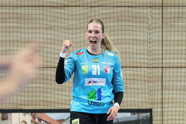 Torhüterin Sofie Kruggel (Halle, 31) nach Parade, SV Union Halle-Neustadt vs. BSV Sachsen Zwickau, Handball Bundesliga Frauen, Play-Offs 5-11 Spieltag 6, Saison 2025 26, 23.05.2026 Halle SWH Arena Sachsen-Anhalt Deutschland