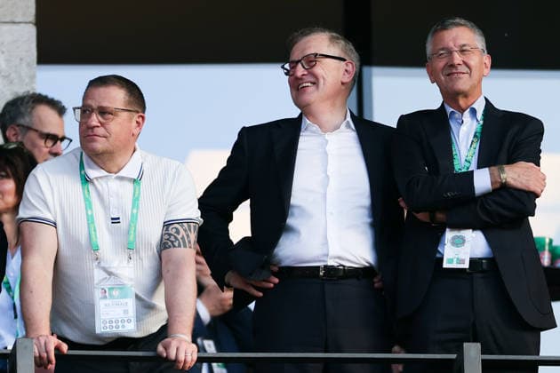 DFB Pokalfinale - FC Bayern München - VfB Stuttgart am 23.05.2026 im Olympiastadion in Berlin (l-r) Max Eberl, Vorstand Bayern München, Vorstandsvorsitzender von FC Bayern München Jan-Christian Dreesen und Herbert Hainer, Präsident des FC Bayern auf der Tribüne.