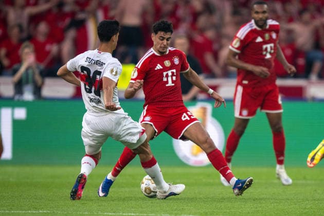 Chema Jose Maria Andres Baixauli (VfB Stuttgart) und Aleksandar Pavlovic (FC Bayern Muenchen). xettx, Deutschland, Berlin, 23.05.2026, Fussball, DFB-Pokal: FC Bayern Muenchen vs VfB Stuttgart, Saison 2025 2026, Finale, Olympiastadion DFL DFB REGULATIONS PROHIBIT ANY USE OF PHOTOGRAPHS AS IMAGE SEQUENCES AND OR QUASI-VIDEO.