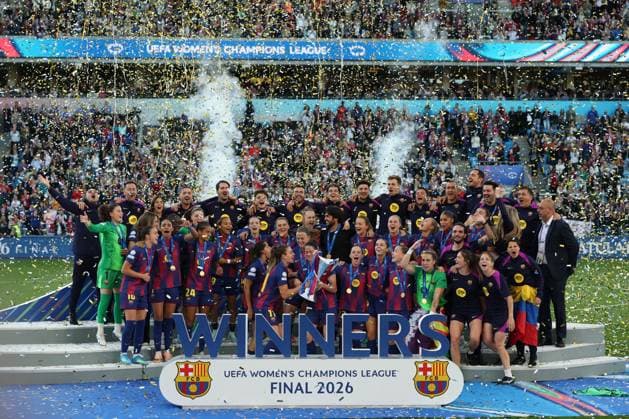 23.05.2026 - SOCCER - 2025-2026 UEFA Women’s Champions League final , FC Barcelona, Barca vs OL Lyonnes FC Barcelona Women lifting the UEFA Women’s Champions League trophy in celebration of their victory OSLO OSLO, Ullevaal Stadion Ullevaal Stadion Norway