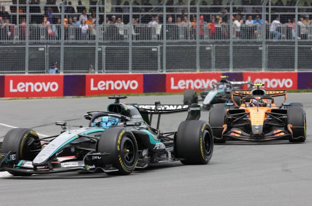 23.05.2026, Circuit Gilles-Villeneuve, Montreal, FORMULA 1 LENOVO GRAND PRIX DU CANADA 2026 , im Bild George Russell (GBR), Mercedes-AMG Petronas Formula One Team, Lando Norris (GBR), McLaren Mastercard F1 Team, Andrea Kimi Antonelli (ITA) (Photo by Mark Urquhart Hasan Bratic DeFodi Images) -