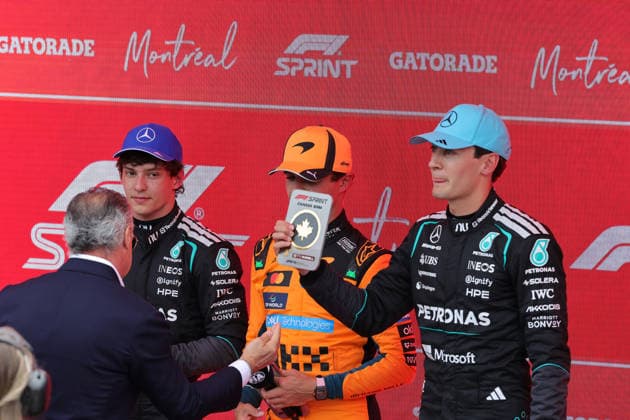 23.05.2026, Circuit Gilles-Villeneuve, Montreal, FORMULA 1 LENOVO GRAND PRIX DU CANADA 2026 , im Bild Sieger George Russell (GBR), Mercedes-AMG Petronas Formula One Team, 2.Platz für Lando Norris (GBR), McLaren Mastercard F1 Team, 3.Platz für Andrea Kimi Antonelli (ITA) (Photo by Mark Urquhart Hasan Bratic DeFodi Images) -